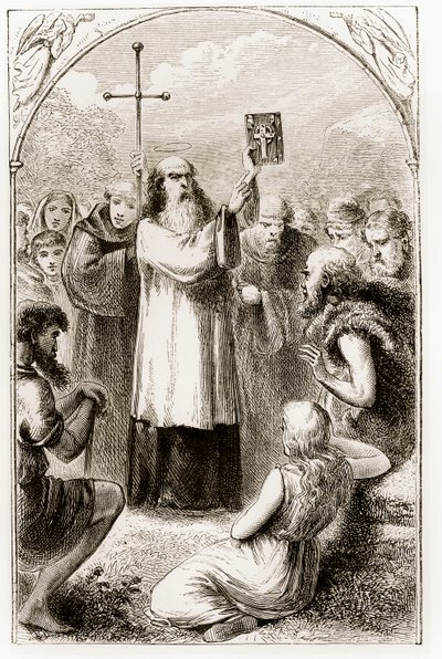 St. Patrick toont de mensen van Ierland de vier evangeliën, uit The Trias Thaumaturga, of Three Wonder-Working Saints of Ireland, door Mary Cusack, gepubliceerd ca. 1890s door Irish School