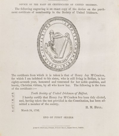 Het zegel van de Vereniging van Verenigde Ieren van Belfast, ca. 1792 (gravure) door Irish School