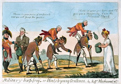 Militaire haasje-over, of Tips voor jonge heren door Isaac (after) Cruikshank