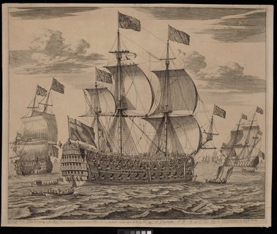 De Victory, een eersteklas schip met achthonderd man en honderdvier kanonnen, gebouwd door Mr. Lee uit Chatham (gravure) door Isaac (after) Sailmaker