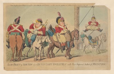 Verbeterde methode van de Nederlandse lichte cavalerie om een paard te bestijgen door Isaac Cruikshank (signed by artist)