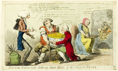 Dr. Sangrado verlost John Bull van gele koorts door Isaac Cruikshank