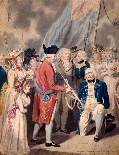 George III presenteert een zwaard aan admiraal Earl Howe door Isaac Cruikshank