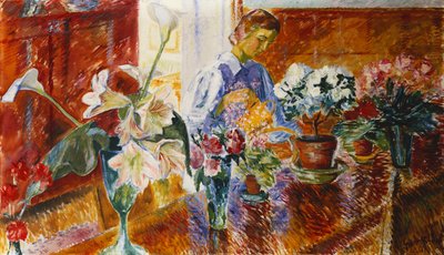 Een Interieur met een Vrouw die Planten Water Geeft door Isaac Grunwald