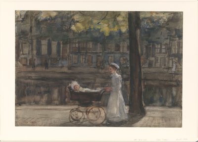 Dienstmeisje met Kinderwagen op de Keizersgracht door Isaac Israels