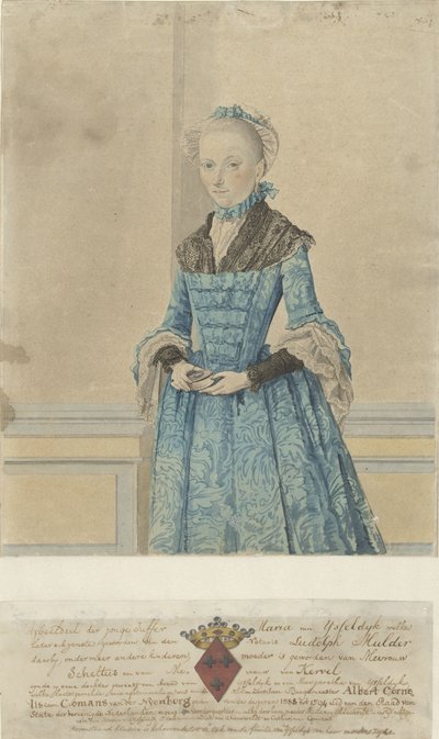 Portret van Maria van IJsseldijk, staand kniestuk door Isaac Lodewijk la Fargue van Nieuwland