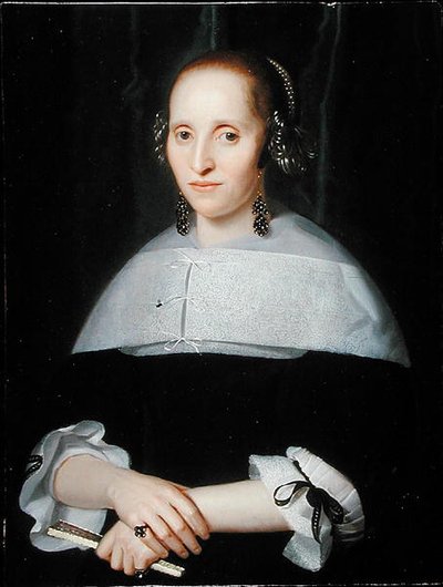 Portret van een dame in een zwarte jurk en kanten kraag door Isaac Luttichuys