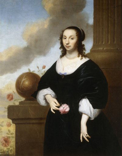 Portret van een dame, staand driekwart lengte, gekleed in een zwarte satijnen jurk met witte kanten afwerking door Isaac Luttichuys