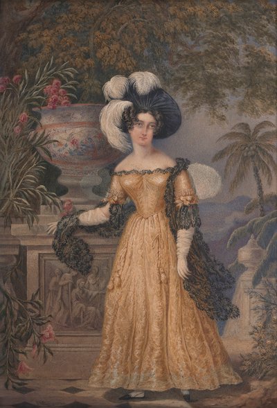 Lady Rowe, staand klein op een terras, een Jamaicaans landschap bij maanlicht op de achtergrond door Isaac Mendes Belisario