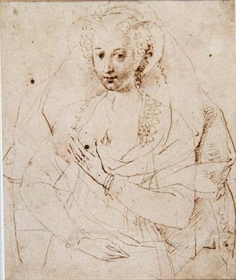 Portret van een Onbekende Dame, formeel genaamd Lucy Harrington, Gravin van Bedford, een schets voor een miniatuur (No.3902) ca. 1605 door Isaac Oliver