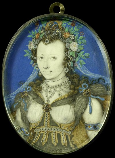 Portret van een vrouw in maskeradekleding als Flora door Isaac Oliver