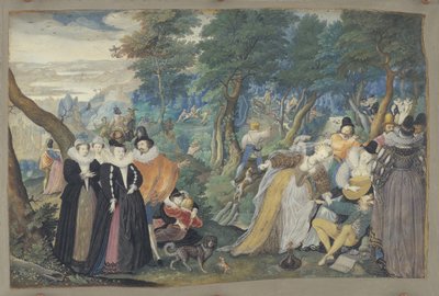 Een feest in de open lucht. Allegorie op echtelijke liefde door Isaac Oliver I