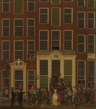 De boekhandel en het loterijkantoor van Jan de Groot in de Kalverstraat in Amsterdam door Isaac Ouwater