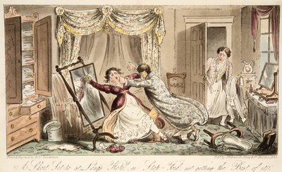 Een korte set in Longs Hotel of Stop-Ford krijgt niet het beste ervan, uit The English Spy, gepubliceerd 1824 door Isaac Robert Cruikshank