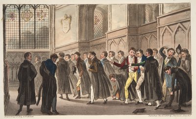 Zwarte metten, of de effecten van laat drinken op vroege opstaanders, uit The English Spy, gepubliceerd 1824 door Isaac Robert Cruikshank