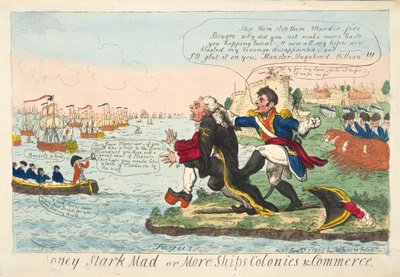 Boney Stark Mad of Meer Schepen Kolonies & Handel, uitgegeven 1808 door Isaac Robert Cruikshank