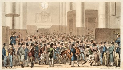 Stieren en beren in hoge drukte, of Billy Wrights pony werd lid van de beurs, uit The English Spy, uitgegeven 1824 door Isaac Robert Cruikshank