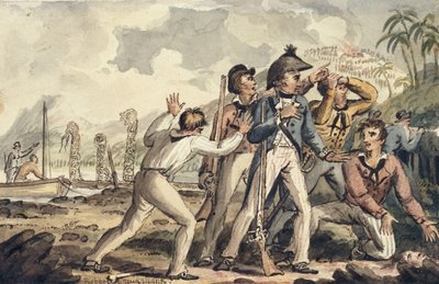 Kapitein Burney ontdekt zijn vermoorde scheepsmaten, uit de reizen van kapitein Cook door Isaac Robert Cruikshank