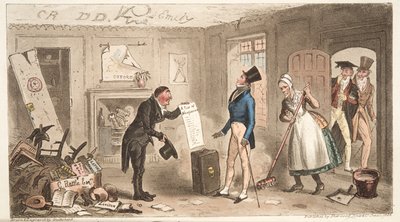 College comfort, een eerstejaars die zijn kamers in bezit neemt, uit The English Spy, gepubliceerd 1824 door Isaac Robert Cruikshank