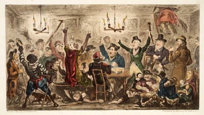 Hovelingen aan het drinken in een bedelaarsken, uit The English Spy, gepubliceerd 1824 door Isaac Robert Cruikshank