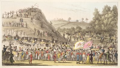 Eton Montem, en de berg, Salt Hill, uit The English Spy, gepubliceerd 1824 door Isaac Robert Cruikshank