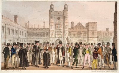 Eerste afwezigheid, of Etonians die de ochtendmeesterrol beantwoorden, uit The English Spy, gepubliceerd 1824 door Isaac Robert Cruikshank