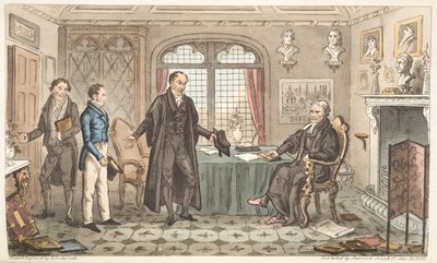 Eerste buiging naar Alma Mater, of Bernard Blackmantles introductie aan de grote pruik, uit The English Spy, gepubliceerd Londen, 1824 door Isaac Robert Cruikshank