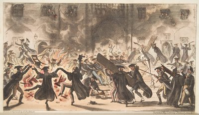 Het vloeren van Mercurius, of het verbranden van de eiken, uit The English Spy, gepubliceerd 1824 door Isaac Robert Cruikshank