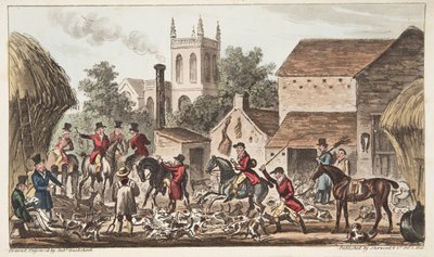 Uitgaan; Een uitzicht op Berkeley Hunt Kennel, uit The English Spy, uitgegeven 1824 door Isaac Robert Cruikshank