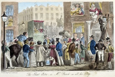 Guignol in de straten van Londen - in The English Spy door C. Molloy Westmacott, geïllustreerd door Robert Gruikshand, Sherwood, Londen door Isaac Robert Cruikshank