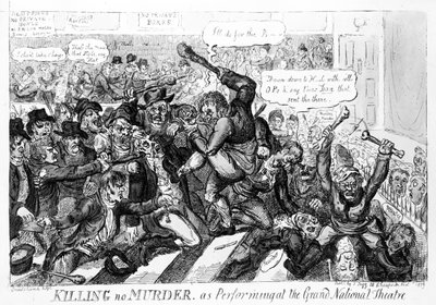 Killing no Murder, uitgevoerd in het Grand National Theatre, 1809 door Isaac Robert Cruikshank