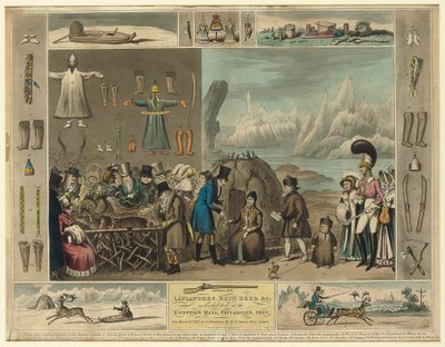 Lappen, rendieren enz., zoals tentoongesteld in de Egyptische Hal, Piccadilly, 1822 door Isaac Robert Cruikshank
