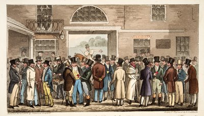 Maandag na de Grote St Leger, of Helden van de Turf die betalen en ontvangen bij Tattersalls, uit The English Spy, uitgegeven 1824 door Isaac Robert Cruikshank