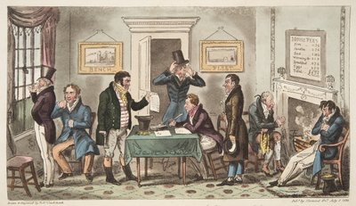 Ochtend en in Lage Stemming, een Opsluitingsscène in een Spunging House, Carey Street, een beetje Goede Waarheid, uit The English Spy, gepubliceerd Londen, 1824 door Isaac Robert Cruikshank