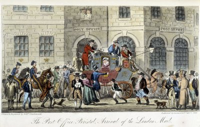 Post in Londen: Het postkantoor Bristol, aankomst van de Londense post - in "De Engelse spion" door Charles Molloy Westmacott, tekening door Robert Cruikshank, Londense editie door Isaac Robert Cruikshank