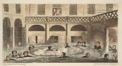 Openbaar baden in Bath of Levende Strooiing, uit The English Spy, gepubliceerd 1824 door Isaac Robert Cruikshank
