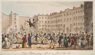 Surrey Collegians geven een lift aan een lid van de wet, uit The English Spy, uitgegeven Londen, 1824 door Isaac Robert Cruikshank