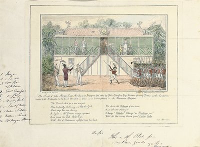 De arrestatie van John Morgan, Esq., koopman, Singapore, oktober 1824, door John Crawford Esq., resident, voormalig arts in dienst van de Compagnie, late ambassadeur aan het hof, Bangkok, Siam, en Umrapoorah, Birmaanse Rijk, mei 1827 door Isaac Robert Cruikshank