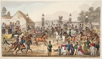De aankomst, of westelijke ingang naar Cockney Land, uit The English Spy, uitgegeven 1824 door Isaac Robert Cruikshank