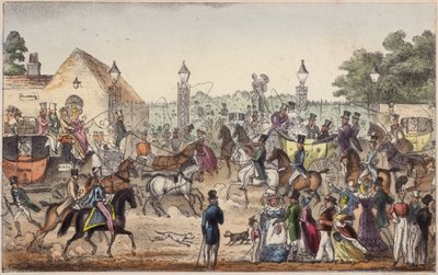 De aankomst, of westelijke ingang naar Cockney Land (gekleurde gravure) door Isaac Robert Cruikshank