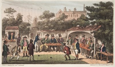 De Bowlingbaan, Worcester, of Karakters van de Hand en Handschoen Club, uit The English Spy, gepubliceerd Londen, 1824 door Isaac Robert Cruikshank
