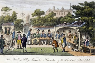 De Bowlingbaan of Karakters van de Hand en Handschoen Club - in "The English Spy" door Charles Molloy Westmacott, tekening door Robert Cruikshank, London Edition door Isaac Robert Cruikshank