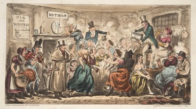 De Buff Club bij de Pig and Whistle, Avon Street, Bath, uit The English Spy, gepubliceerd Londen, 1824 door Isaac Robert Cruikshank