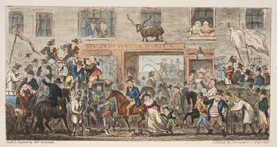 De komische processie uit The English Spy, uitgegeven 1824 Gloucester naar Berkeley, uit The English Spy, uitgegeven 1824 door Isaac Robert Cruikshank
