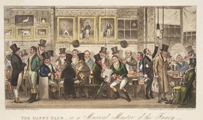 De Daffy Club, of een muzikale bijeenkomst van de Fancy, uit The English Spy, uitgegeven 1824 door Isaac Robert Cruikshank