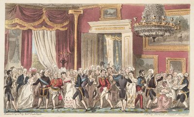 De Avond in de Cirkelvormige Kamer; of een Drukte bij Carlton Palace, uit The English Spy, gepubliceerd 1824 door Isaac Robert Cruikshank