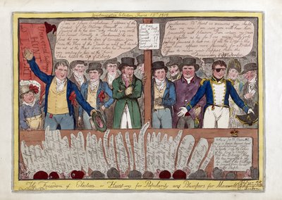 De vrijheid bij verkiezingen of jacht op populariteit en plumpers voor Maxwell, gepubliceerd door G. Humphrey, 1818 door Isaac Robert Cruikshank
