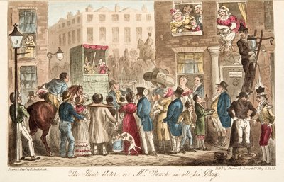 De grote acteur, of Mr. Punch in al zijn glorie, uit The English Spy, gepubliceerd 1824 door Isaac Robert Cruikshank