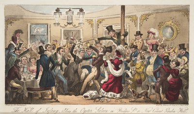 De hal van schande, alias oestersalon in Brydges-Street, of New Covent Garden Hell, uit The English Spy, uitgegeven 1824 door Isaac Robert Cruikshank