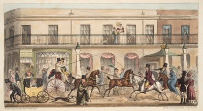 De Hoofdstraat, Cheltenham, uit The English Spy, gepubliceerd 1824 door Isaac Robert Cruikshank